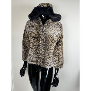 Vintage 80s Casual Time Leopard Faux Fur Hooded Jacket XS Junior Teen Made USA